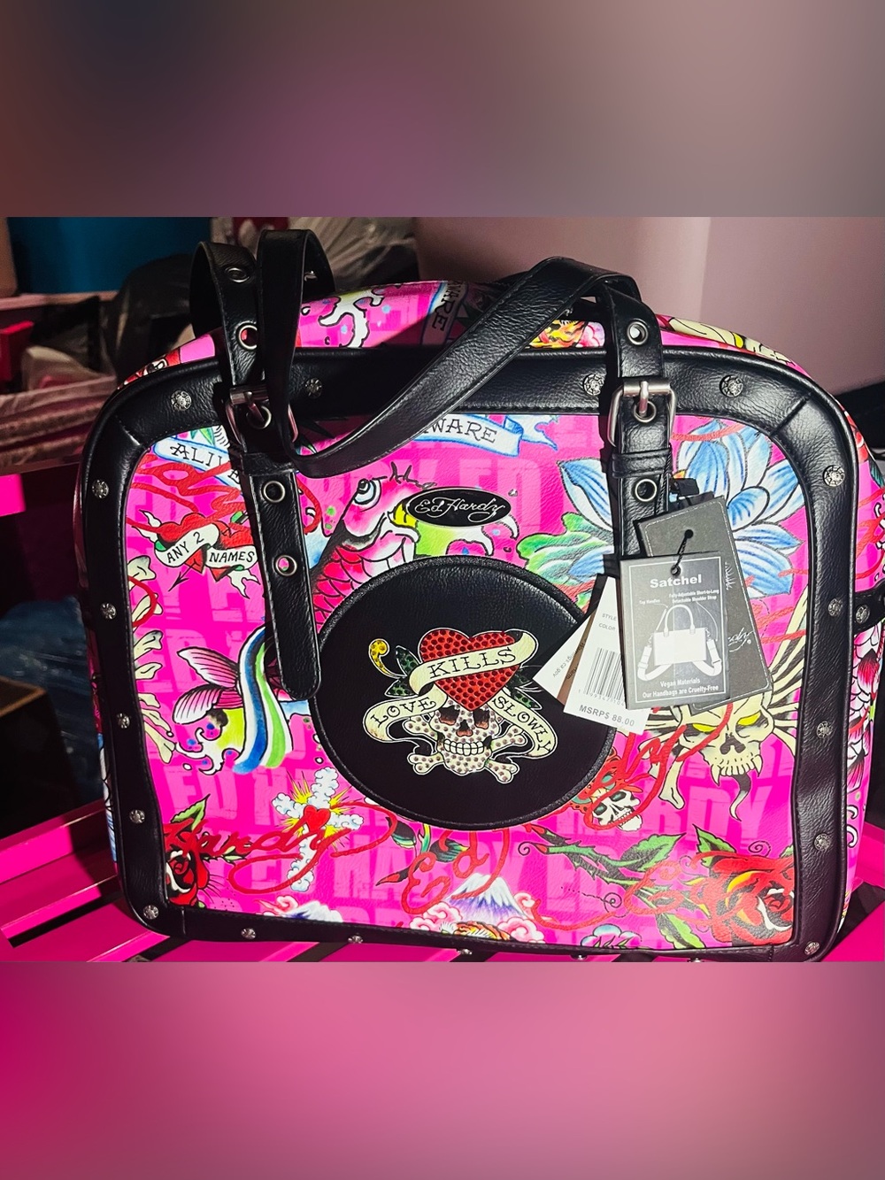 Ed Hardy Hot Pink Tattoo Graphic Satchel